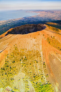 Aerial view of Vesuvius crater and Sorrento peninsula at sunrise, Naples, Campania, Italy, Europe