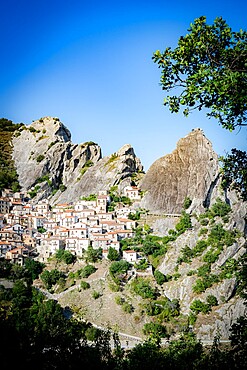 Medieval town of Castelmezzano at feet of Dolomiti Lucane mountains, Potenza province, Basilicata, Italy, Europe