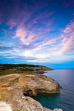 Coastal tower Torre Miggiano at sunset in summer, Santa Cesarea Terme, Porto Miggiano, Lecce province, Salento, Apulia, Italy, Europe