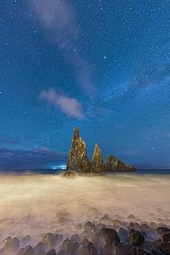 Waves crashing over Ilheus da Rib and Ribeira da Janela rock formations under the starry night sky, Madeira, Portugal, Atlantic, Europe