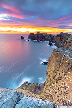 Waves crashing on cliffs at dawn, Ponta Do Rosto, Sao Lourenco Peninsula, Canical, Madeira island, Portugal, Atlantic, Europe