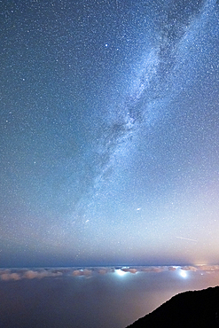 Bright stars of Milky Way in the night sky over the Laurissilva Forest of Fanal, Madeira island, Portugal, Atlantic, Europe