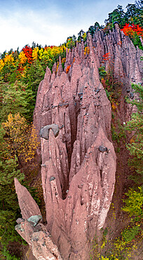 Panoramic of majestic pinnacles of earth pyramids of Renon, Longomoso, Bolzano, South Tyrol, Italy, Europe