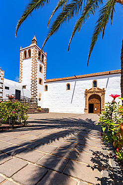 Clear summer sky above the whitewashed church of Santa Maria de Betancuria, Fuerteventura, Canary Islands, Spain, Atlantic, Europe