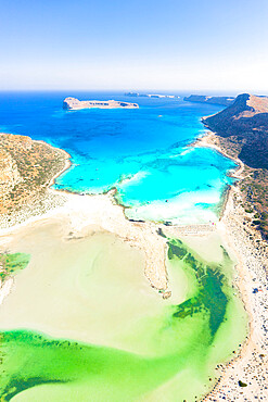 Aerial view of idyllic emerald green water of Balos lagoon and crystal sea, Crete island, Greek Islands, Greece, Europe