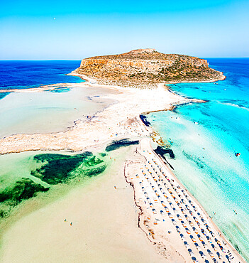 Aerial view of Balos beach and lagoon washed by the turquoise clear sea, Crete island, Greek Islands, Greece, Europe