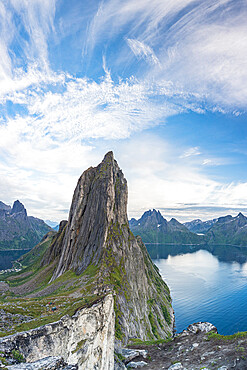 Scenic view of Segla Mountain peak and fjord at sunset, Senja, Troms county, Norway, Scandinavia, Europe