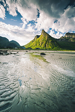 Empty sand beach with majestic Hatten mountain in the background, Ersfjord, Senja island, Troms county, Norway, Scandinavia, Europe