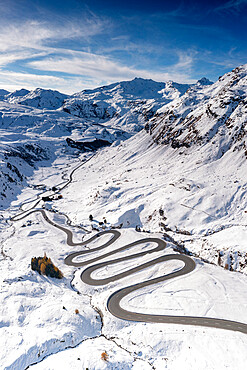 Aerial view of winding mountain road in the snow, Julier Pass, Albula district, Engadine, canton of Graubunden, Switzerland, Europe