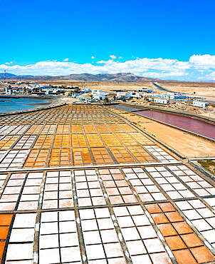 Aerial view of salt flats near the ocean, Salinas del Carmen, Fuerteventura, Canary Islands, Spain, Atlantic, Europe