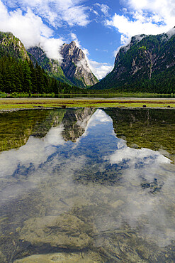 Clear water of Lake Dobbiaco (Toblacher See) in spring, Dolomites, Puster valley, Bolzano province, South Tyrol, Italy, Europe