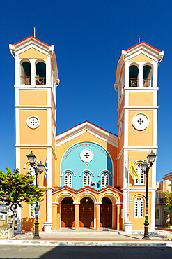 Facade and twin bell towers of church in Lixouri old town, Kefalonia, Ionian Islands, Greek Islands, Greece, Europe