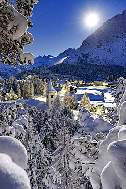 Full moon over Chiesa Bianca covered with snow surrounded by woods, Maloja, Bregaglia Valley, Graubunden, Engadin, Switzerland