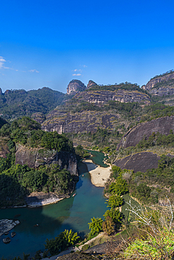 View over River of The Nine Bends (Jiuqu Xi), Wuyi Mountains, UNESCO World Heritage Site, Fujian, China, Asia