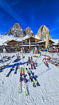 Restaurant below Langkofel (Sassolungo), South Tyrol, Dolomites, Italy, Europe