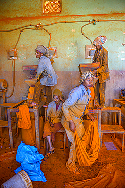 Women working in a Berbere red pepper spice factory at the Medebar market, Asmara, Eritrea, Africa