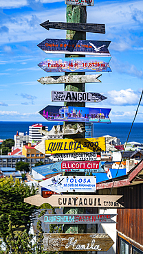 Worldwide signs, Punta Arenas, Patagonia, Chile, South America