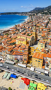 Aerial of the seaside town of Menton, Alpes Maritimes, Provence-Alpes-Cote d'Azur, French Riviera, France, Europe