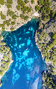 Aerial of the turquoise waters of the Formentor Peninsula, Mallorca, Balearic islands, Spain, Mediterranean, Europe