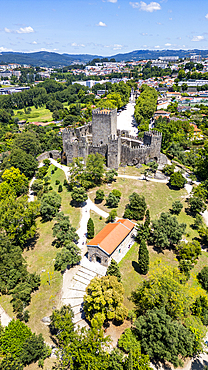 Aerial of the Guimaraes Castle, UNESCO World Heritage Site, Guimaraes, Norte, Portugal, Europe