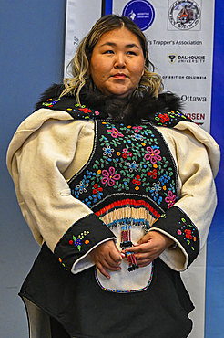 Inuit woman in traditional dress, Grise Fjord, most northern community in America, Nunavut, Canadian Arctic, Canada, North America