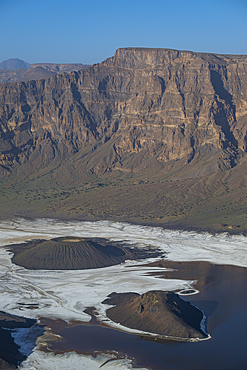 Aerial of the Trou du Natron volcanic crater and its natron lakes, Tibesti Mountains, Chad, Africa