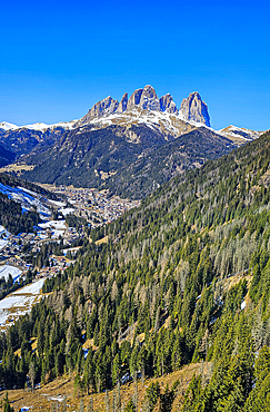 Sassolongo or Langkofelscharte overlooking Canazei, Unesco site Dolomites, Italy