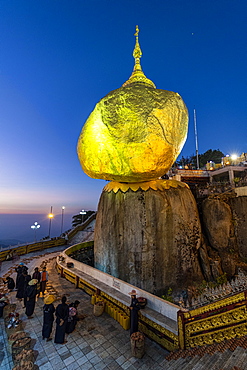 Kyaiktiyo Pagoda (Golden Rock) after sunset, Mon state, Myanmar (Burma), Asia