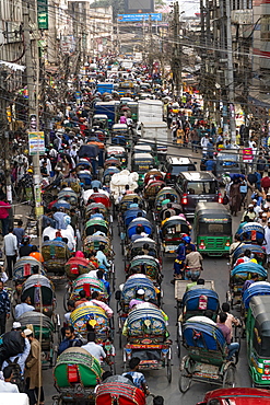 Overcrowded completely with rickshaws, a street in the center of Dhaka, Bangladesh, Asia