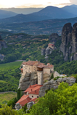 Holy Monastery of St. Nicholas Anapafsas at sunset, UNESCO World Heritage Site, Meteora Monasteries, Greece, Europe