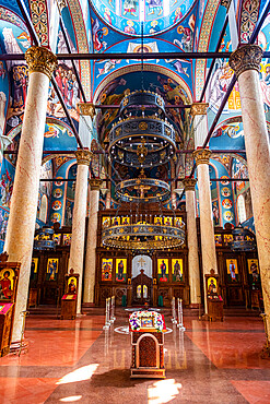 Colourful religious wall paintings, Orthodox Holy Trinity Cathedral, Nis, Serbia, Europe