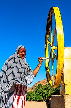 Woman at a waterwheel pumping for water, Oasis of Timia, Air Mountains, Niger, Africa