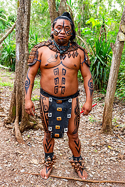 Maya dressed Indian, Yucatec-Maya archaeological site, Ek Balam, Yucatan, Mexico, North America