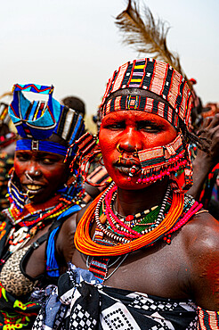 Traditional dressed women of the Jiye tribe, Eastern Equatoria State, South Sudan, Africa