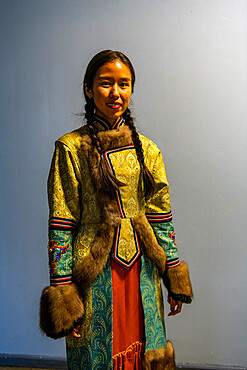 Traditional dressed Khakassian woman, Abakan, Republic of Khakassia, Russia, Eurasia