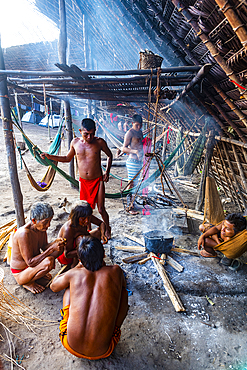 Yanomani tribal people in their traditional Shabono, rectagonal roof, Yanomami tribe, southern Venezuela, South America