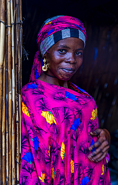 Portrait of a local woman in bright pink clothes, Lake Chad, Chad, Africa