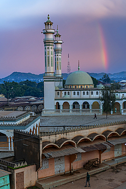 Rainbow over Lamido Grand Mosque, Ngaoundere, Adamawa region, Northern Cameroon, Africa