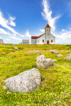 Church and old fishing houses, Ile aux Marins, fishermen's island, Territorial Collectivity of Saint-Pierre and Miquelon, Overseas Collectivity of France, North America