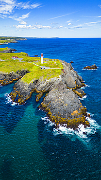 Aerial of Cape Race Lighthouse, Mistaken Point, UNESCO World Heritage Site, Avalon Peninsula, Newfoundland, Canada, North America