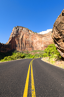 Road in Zion Canyon overlooked by Angels Landing, Zion National Park, Utah, United States of America, North America