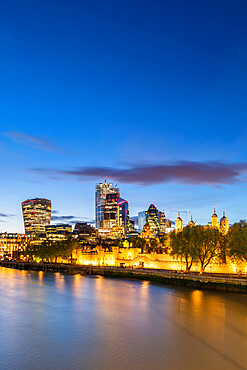 The City of London and The Tower of London at dusk and the River Thames, London, England, United Kingdom, Europe