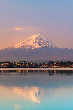 Sunrise over Mount Fuji, UNESCO World Heritage Site, reflected in Lake Kawaguchi, Japan, Asia