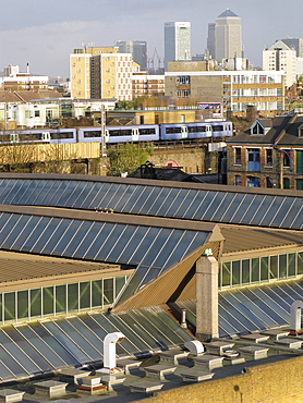 Uk views of canary wharf from studios in hackney, east london