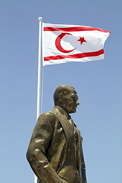 Statue of Ataturk with the flag of the Turkish occupied north Cyprus in Kyrenia