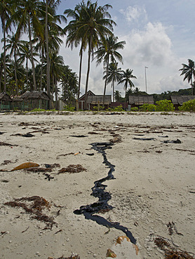 Tar pollution on beach due to oil spillages from shipping in Bintan Island, Sumatra, Indonesia, Southeast Asia, Asia