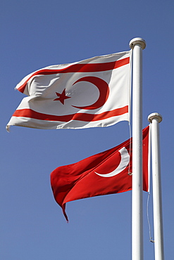 Cyprus. Flags of the Turkish controlled northern part of Cyprus along the Turkish national flag