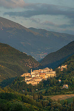 View of the village of Preci at sunset, Valnerina, Umbria, Italy, Europe