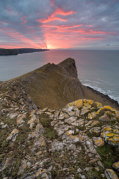 View towards Fall Bay and Mewslade Bay, at sunrise, Gower Peninsula, South Wales, United Kingdom, Europe