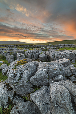 Limestone pavement at sunset, Ingleton, Yorkshire Dales, Yorkshire, England, United Kingdom, Europe